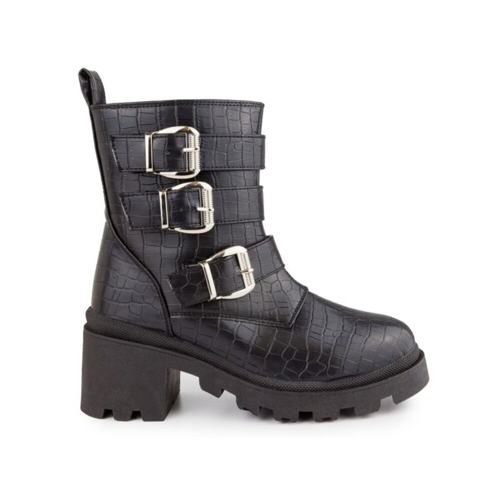 SUGAR Womens Black Crocodile 1" Platform Back Triple Filo Combat Boots 7 M